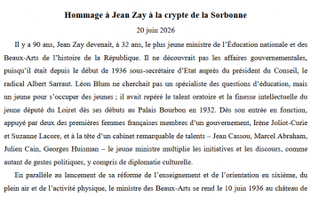 Hommage à Jean Zay, le 20 juin 2026, crypte de la Sorbonne, discours de Pierre Allorant