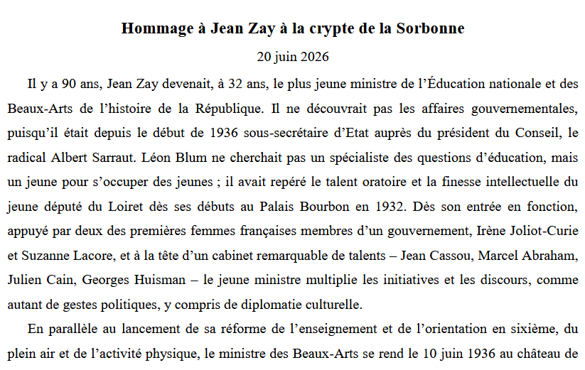 Hommage à Jean Zay, le 20 juin 2026, crypte de la Sorbonne, discours de Pierre Allorant